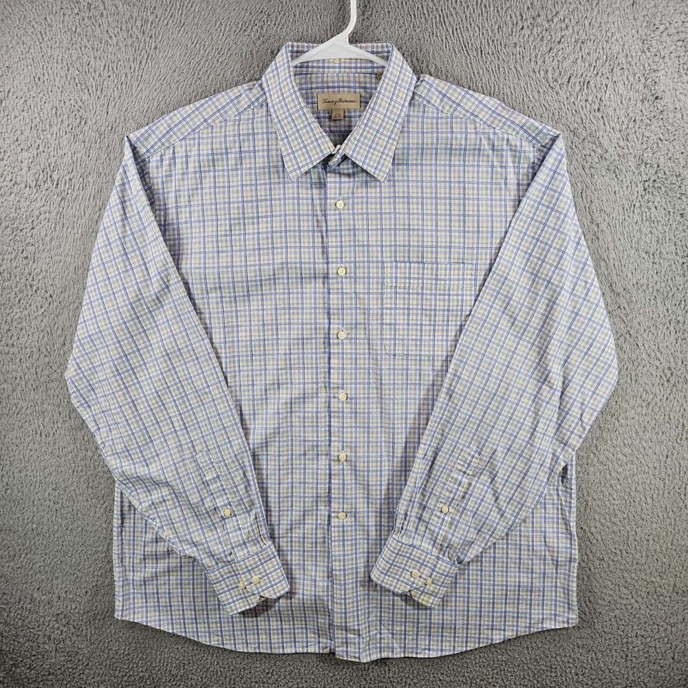 Tommy Bahama‎ Mens Long Sleeve Plaid Button Down Shirt Size 17.5 36/37 Blue